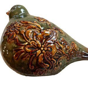Handcrafted Ceramic Bird Sculpture With Intricate Floral Patterns - Earth Tones